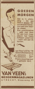 717347 Advertentie van Van Veen's Beddenmagazijnen, Steenweg 40 te Utrecht, voor 'van Veen's STALEN Gezondheidsmatras'.
